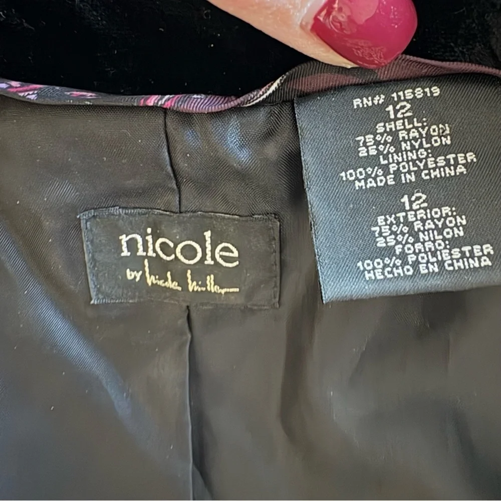 Nicole by Nicole Miller Vintage 3/4 Sleeve Black Velvet 1-Button Blazer Holiday